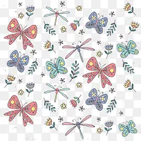 简笔画花朵蝴蝶蜻蜓绿叶素材
