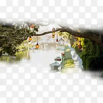 春天绿色山水树枝枝丫