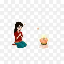 免抠卡通手绘放河灯的女孩