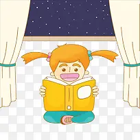 夜晚坐着读书的小女孩