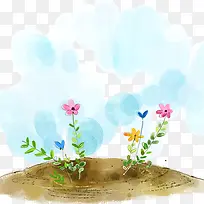 插画蓝天和花丛