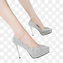 银色女鞋，高跟鞋，女人脚，高跟鞋，亮片鞋