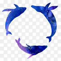 三头鲸鱼戏水水彩风