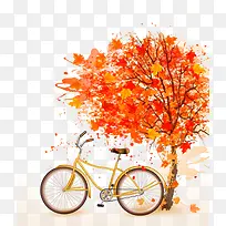 免抠卡通手绘橙色的树木自行车装