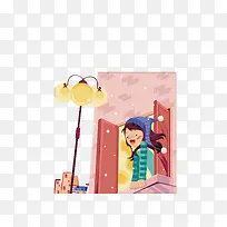 卡通看着窗外下雪开心的女孩素材