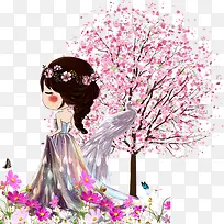 手绘樱花树免抠素材