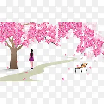免抠卡通手绘樱花树下看风景的女