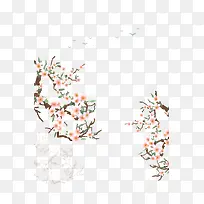 桃花池塘远山插画背景