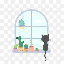 免抠卡通手绘窗前的宠物猫