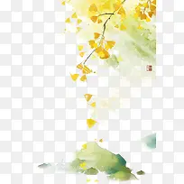 金黄树叶飘落水彩画