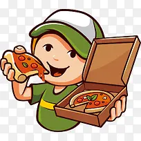 微笑卡通吃披萨的男孩