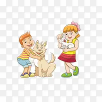 卡通抱着小狗小猫的小男孩和小女