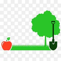 绿色树木旁的铲子与苹果