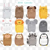 2018年可爱动物年历矢量素材