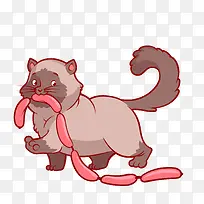 卡通叼着香肠的猫咪
