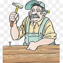 卡通手绘插图钉钉子的木工师傅
