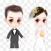 手绘卡通情侣婚纱照插画