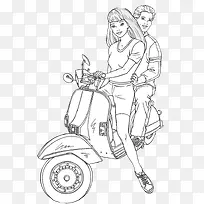 卡通插画女孩骑着电瓶车载着男孩