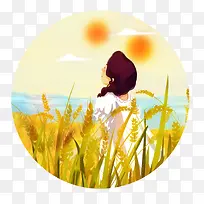 金色圆弧麦田卡通插画