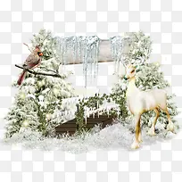 卡通雪地梅花鹿小鸟