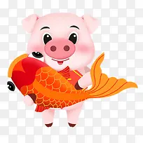 抱着鱼的新年福猪卡通免抠图