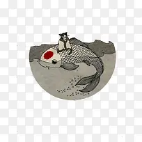 水中大鲤鱼身上的猫