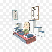 卡通书房里认真看书的古代男子素