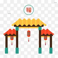 卡通古代建筑门灯笼