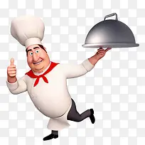 竖起大拇指端着菜奔跑的厨师