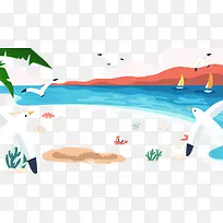 免抠卡通手绘海边景色大雁装饰