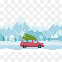 在冰天雪地里载树的车