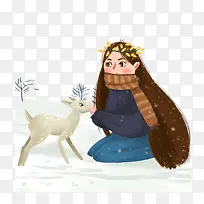手绘雪地里的女孩和小鹿