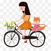 卡通手绘骑自行车的小女孩