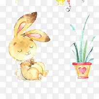 卡通手绘兔子和盆栽PNG