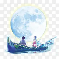 发光月亮前的小船和人物