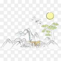 山水仙鹤太阳写意图