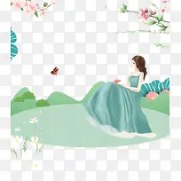 卡通创意春季少女插画免抠