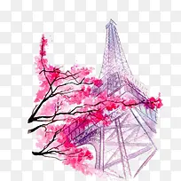 粉红色花朵水彩彩绘巴黎铁搭矢量