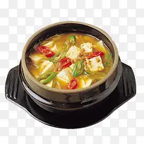 石锅里的泡菜拌饭豆腐汤