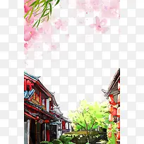 免抠中国风建筑房子粉色花瓣装饰