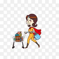 卡通推着满满购物车的超人妈妈素