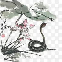 水墨古风莲花与蛇