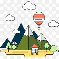 卡通山峰下的房子和热气球
