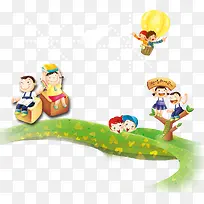 卡通孩童玩耍热气球绿色装饰