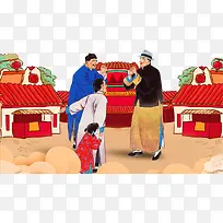 卡通古人拜年免抠图