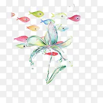 彩色手绘鱼群花朵免扣素材