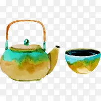 手绘水彩风茶壶茶杯