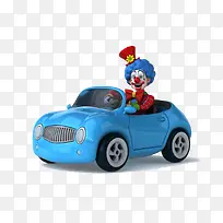 驾驶着蓝色小车的小丑装饰PNG