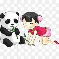 矢量手绘小女孩与熊猫