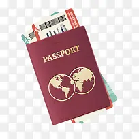 红色封面国际护照夹着机票实物